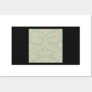 Pale Gold on Light Blue/Teal Medieval Damask Scrolls Posters and Art